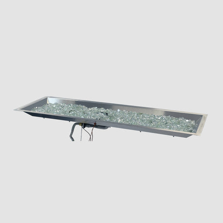 The 42" Crystal Fire Plus Linear Gas Burner with glass gems on a grey background