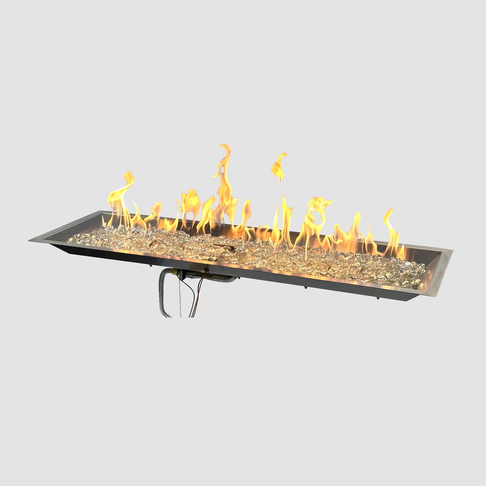 The 42" Crystal Fire Plus Linear Gas Burner with flames on a grey background