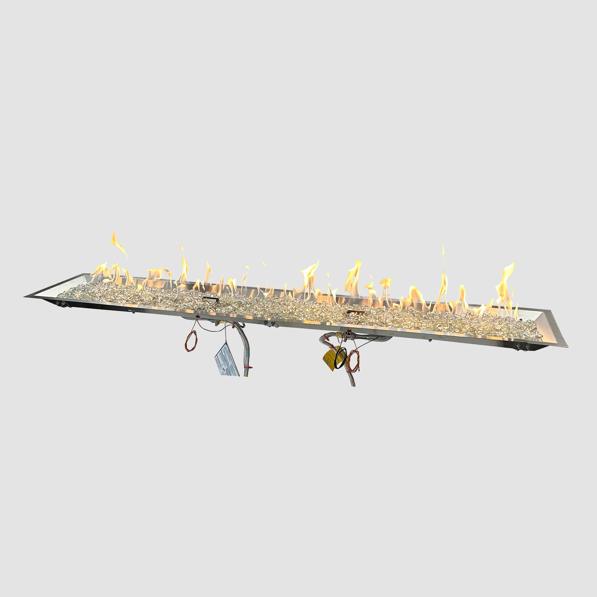 The 72" Crystal Fire Plus Linear Gas Burner with flames on a grey background