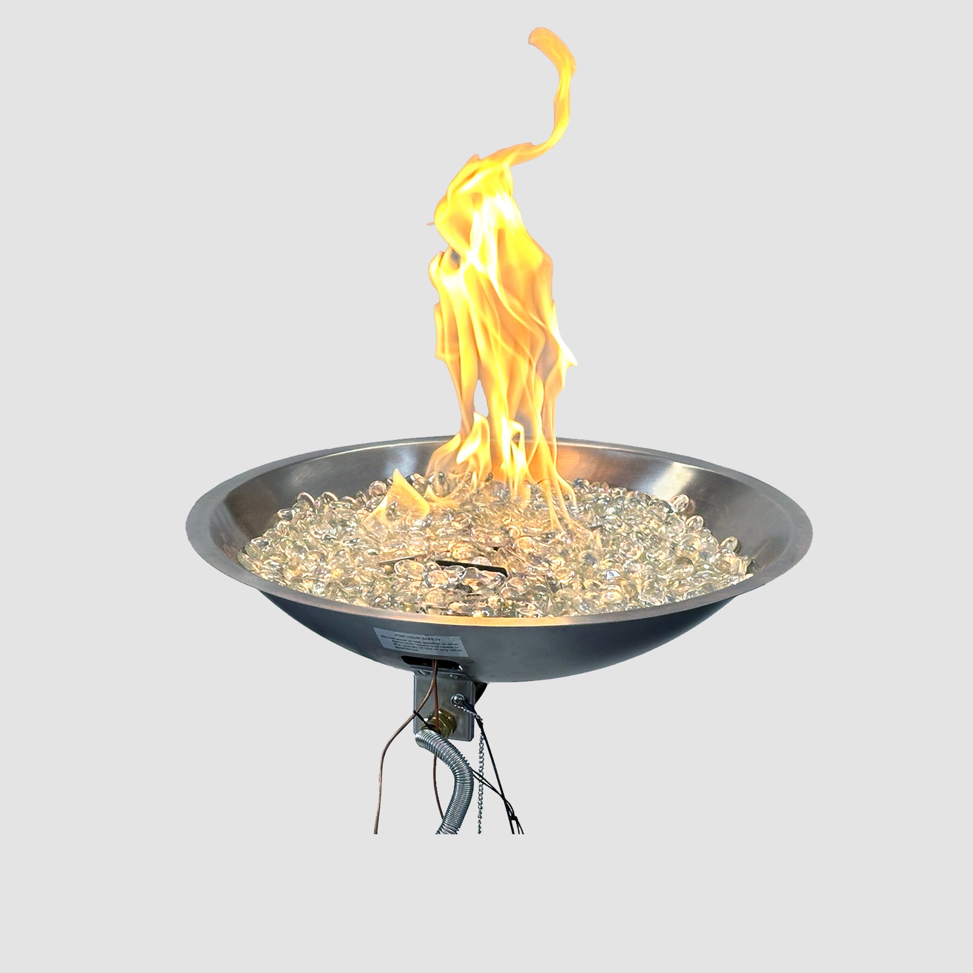 The 20" Crystal Fire Plus Round Gas Burner with flames on a grey background