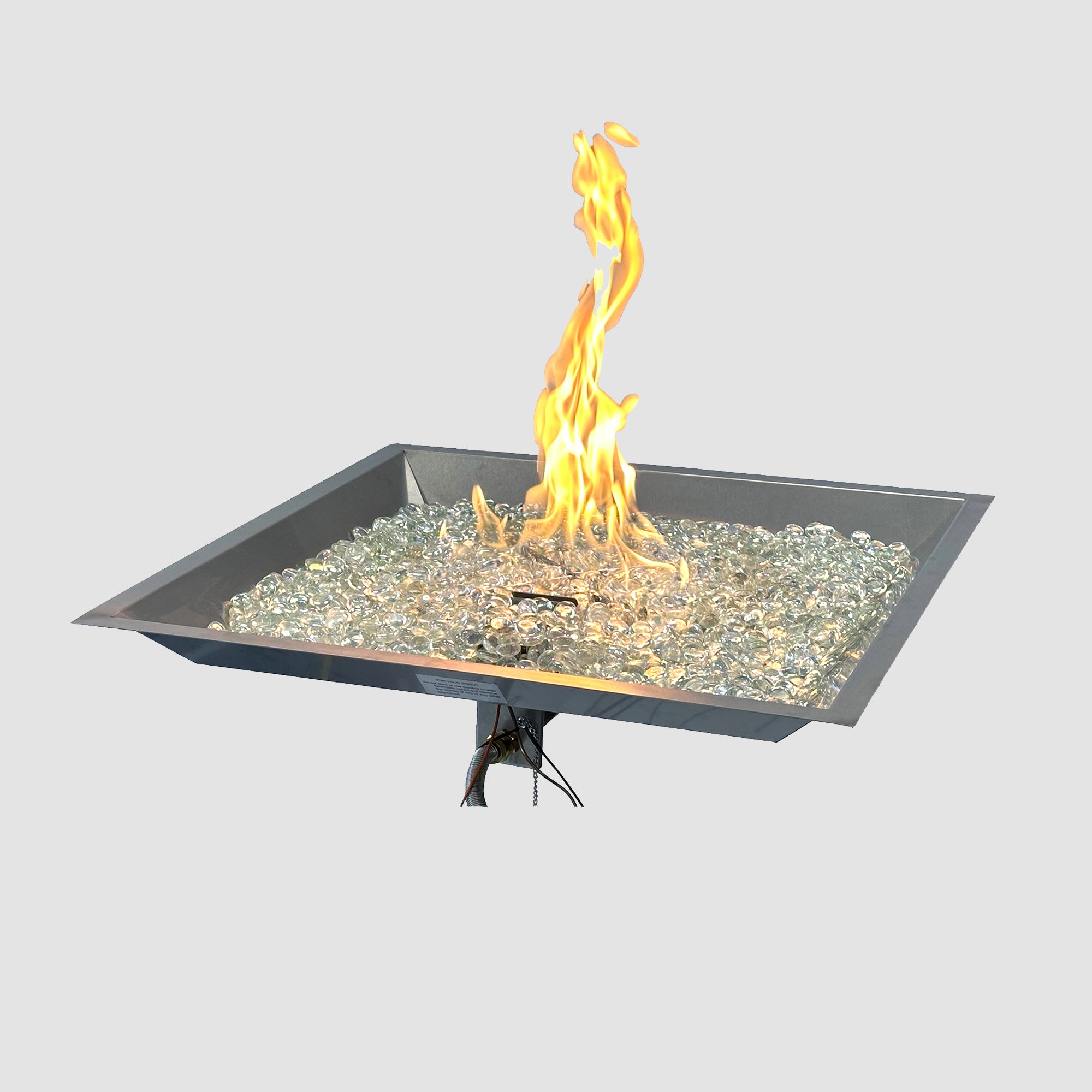 The 24" x 24" Crystal Fire Plus Square Gas Burner with flames on a grey background