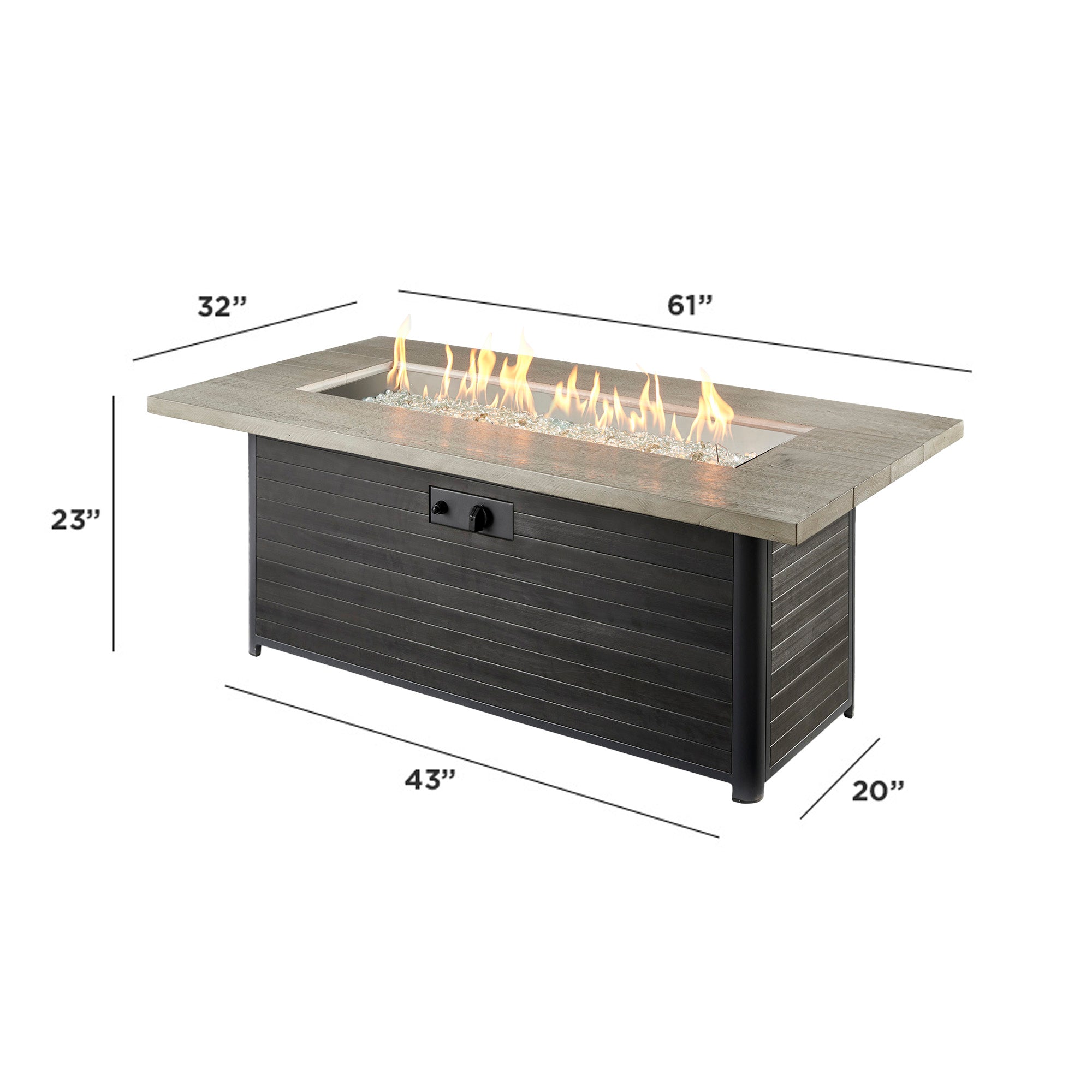 Dimensions overlaid on the Cedar Ridge Linear Gas Fire Pit Table