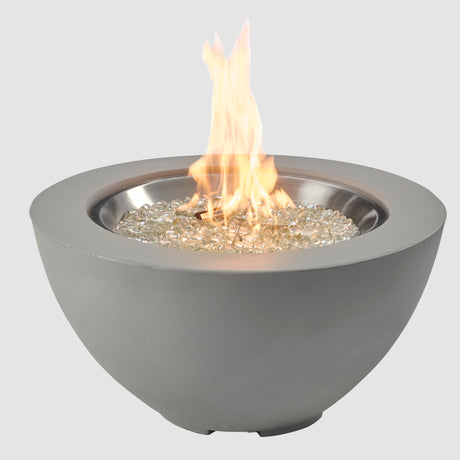 Cove Round Gas Fire Pit Bowl 29" with Flame on a grey background