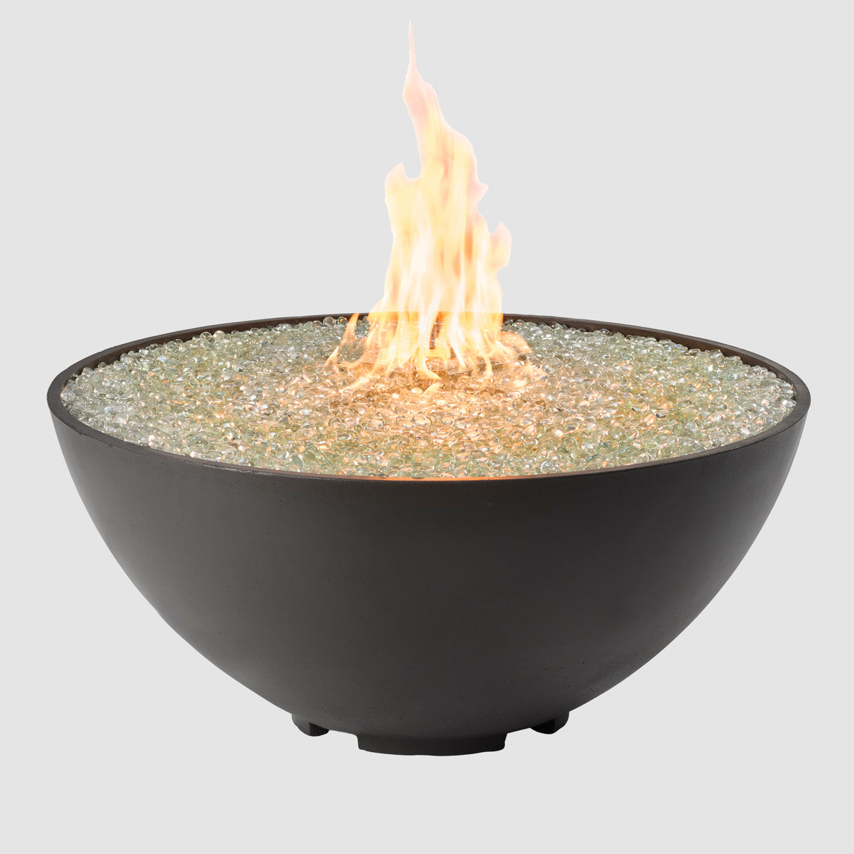 A Midnight Mist Cove Edge Round Gas Fire Pit Bowl 42" with Flame on a grey background