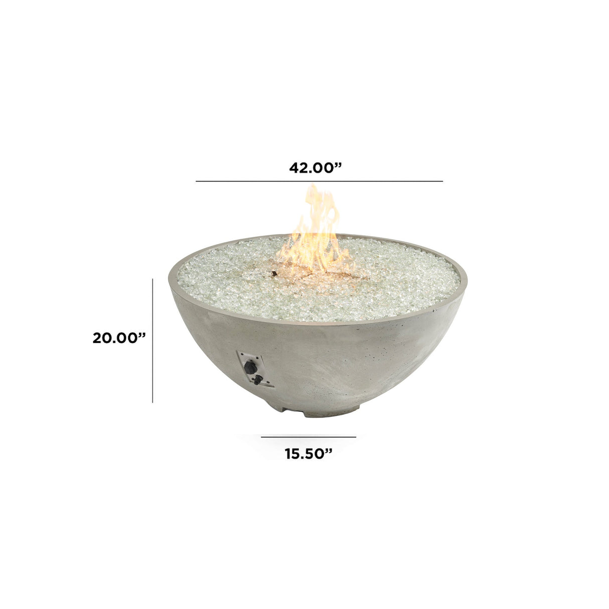 Dimensions overlaid on a Natural Grey Cove Edge Round Gas Fire Pit Bowl 42"