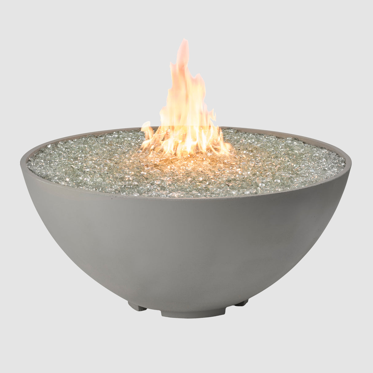 A Cove Edge Round Gas Fire Pit Bowl 42" with Flame on a grey background