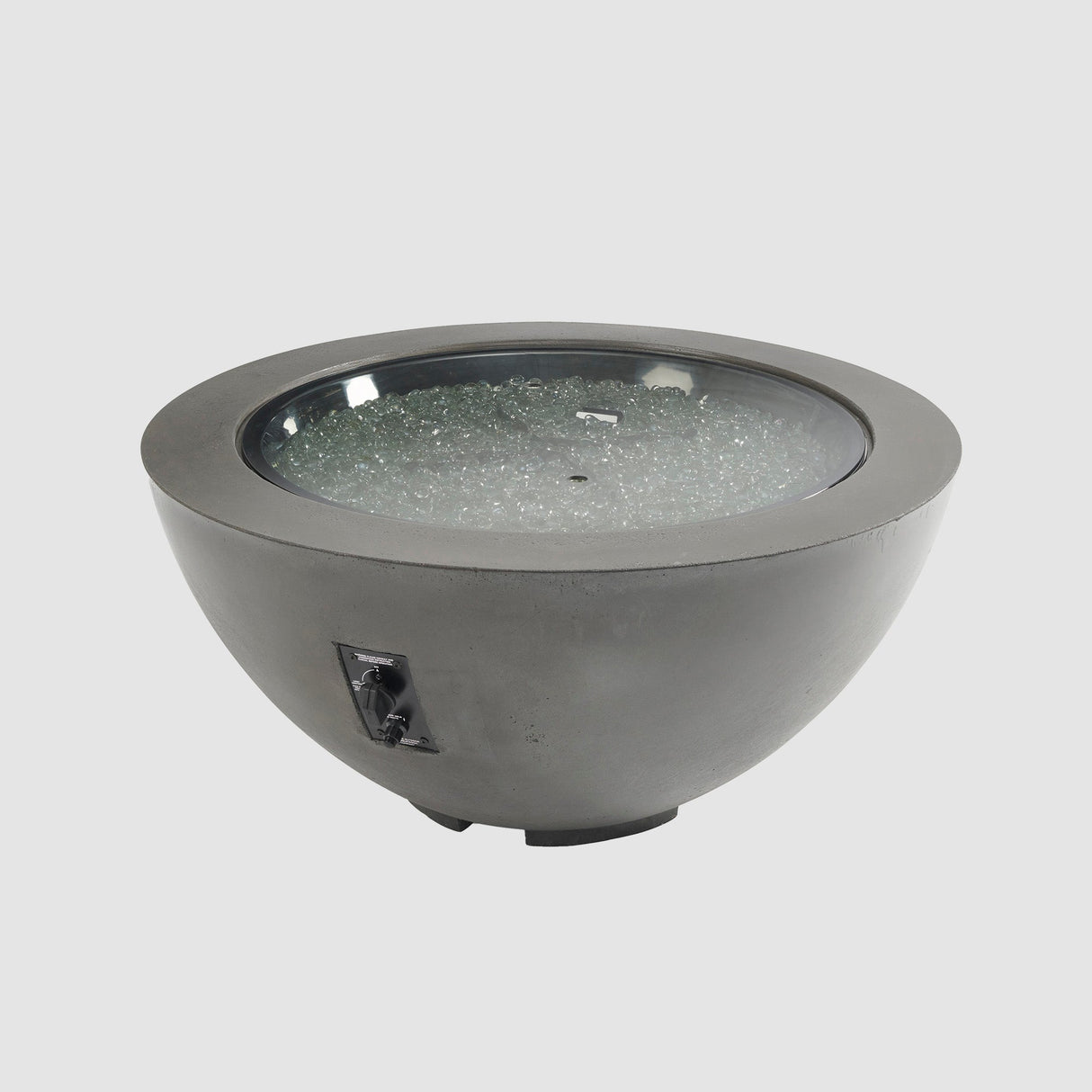 A cover placed on the burner of a Midnight Mist Cove Round Gas Fire Pit Bowl 42" on a grey background