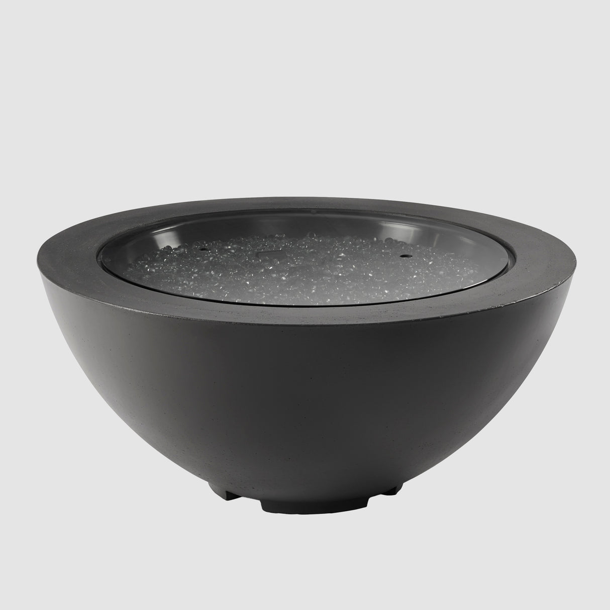 A cover placed on the burner of a Midnight Mist Cove Round Gas Fire Pit Bowl 42" on a grey background