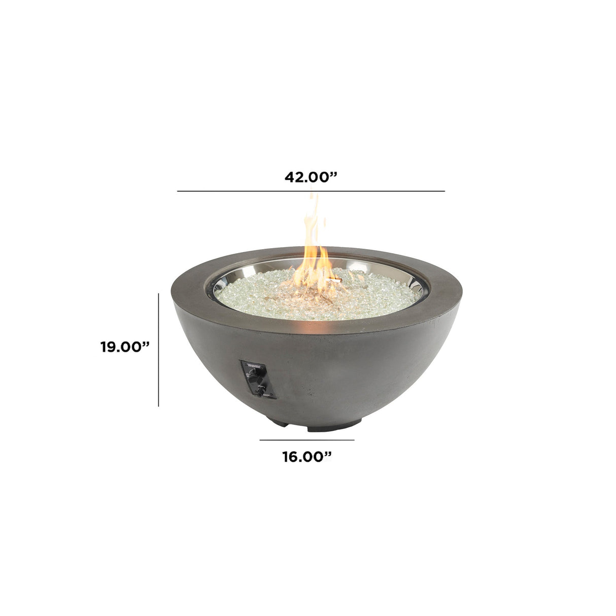 Dimensions overlaid on a Midnight Mist Cove Round Gas Fire Pit Bowl 42"