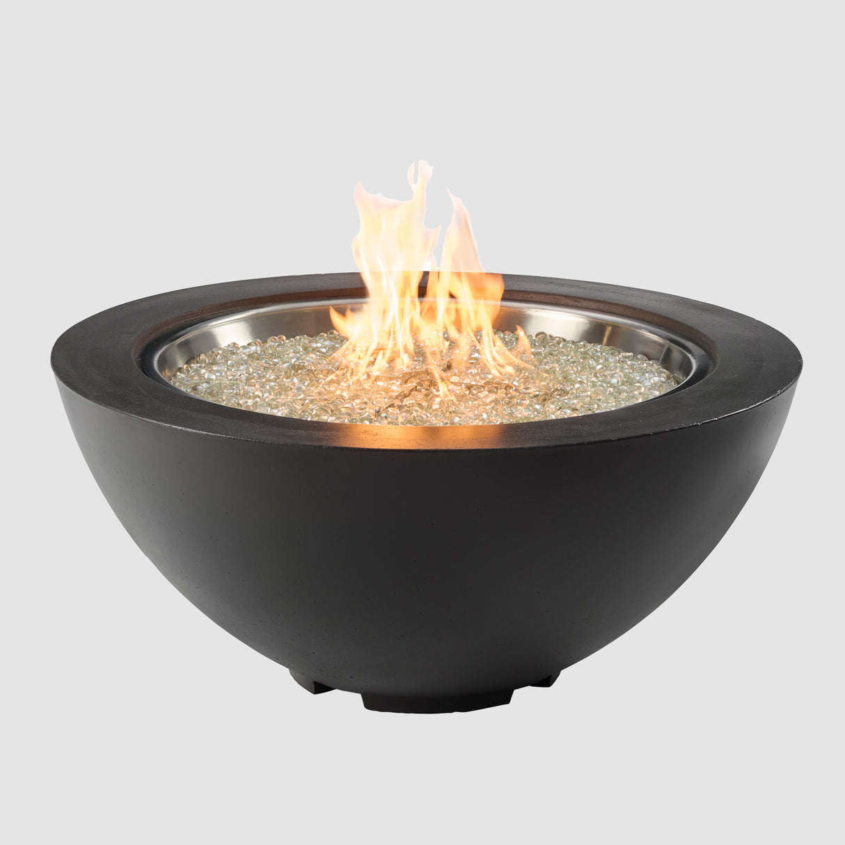 A Midnight Mist Cove Round Gas Fire Pit Bowl 42" with Flame on a grey background