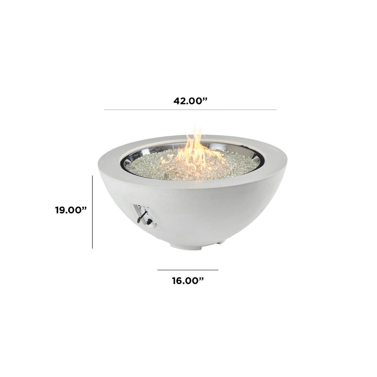 Dimensions overlaid on a White Cove Round Gas Fire Pit Bowl 42"