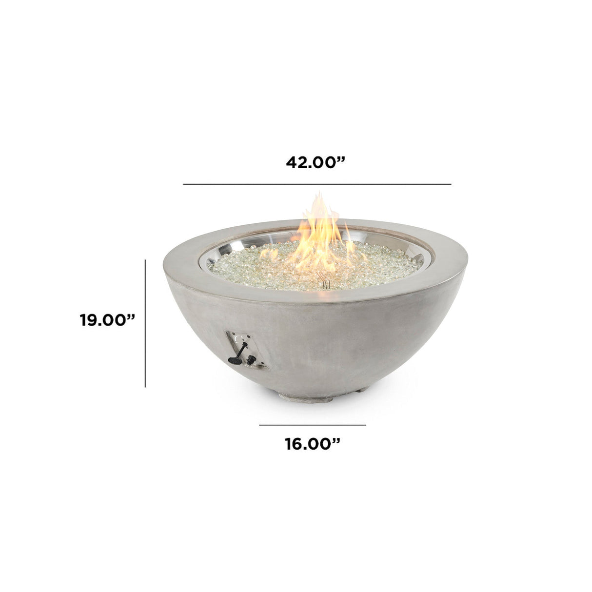 Dimensions overlaid on a Natural Grey Cove Round Gas Fire Pit Bowl 42"