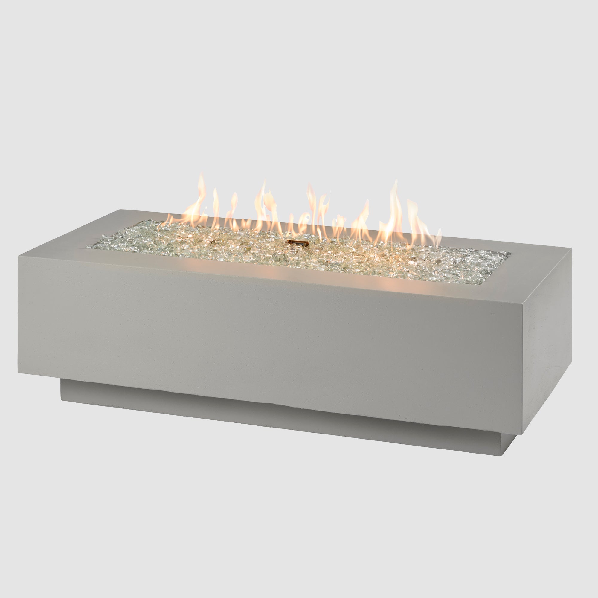 A Cove Linear Gas Fire Pit Table 54" with Flame on a grey background