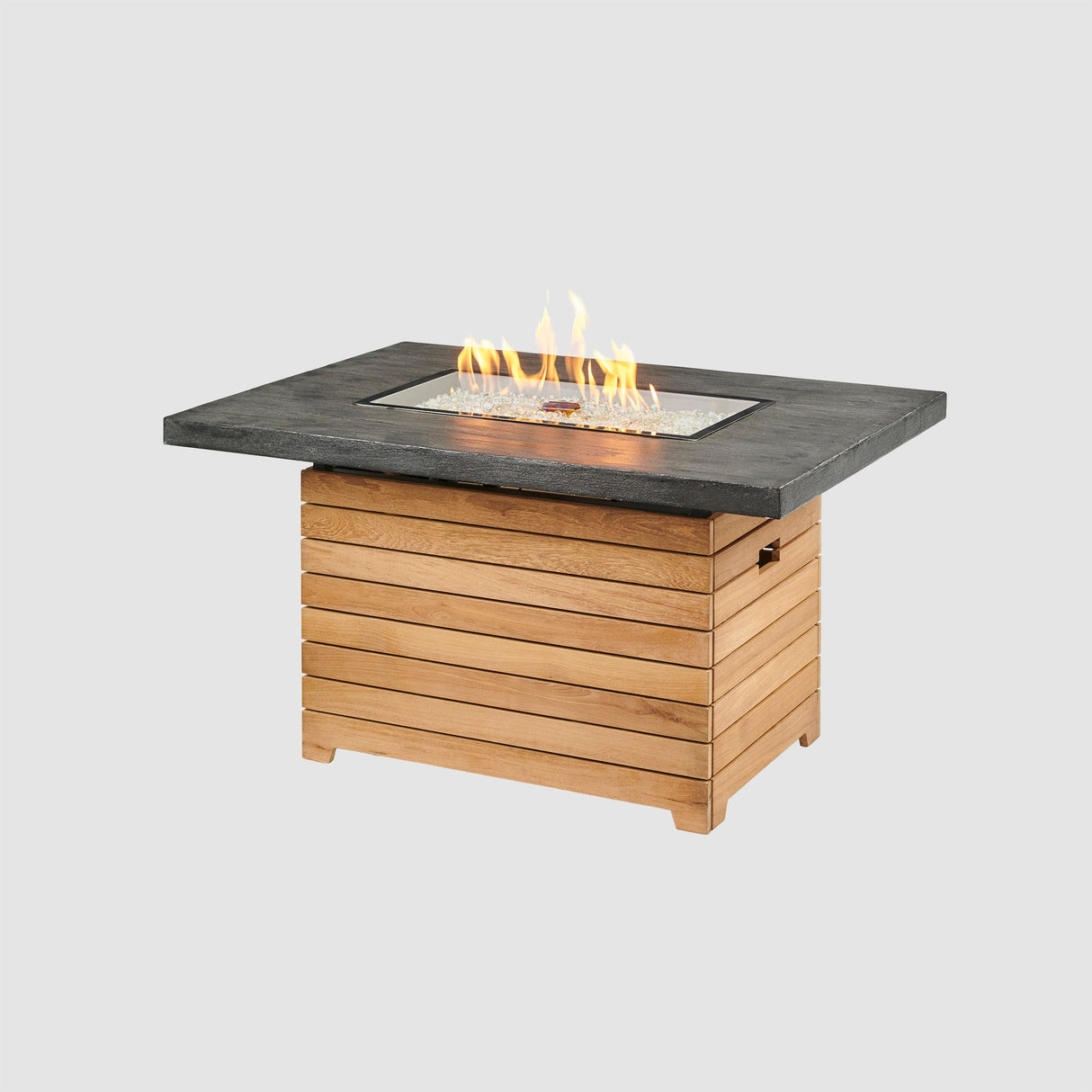 Darien Rectangular Gas Fire Pit Table with an Everblend top on a grey background