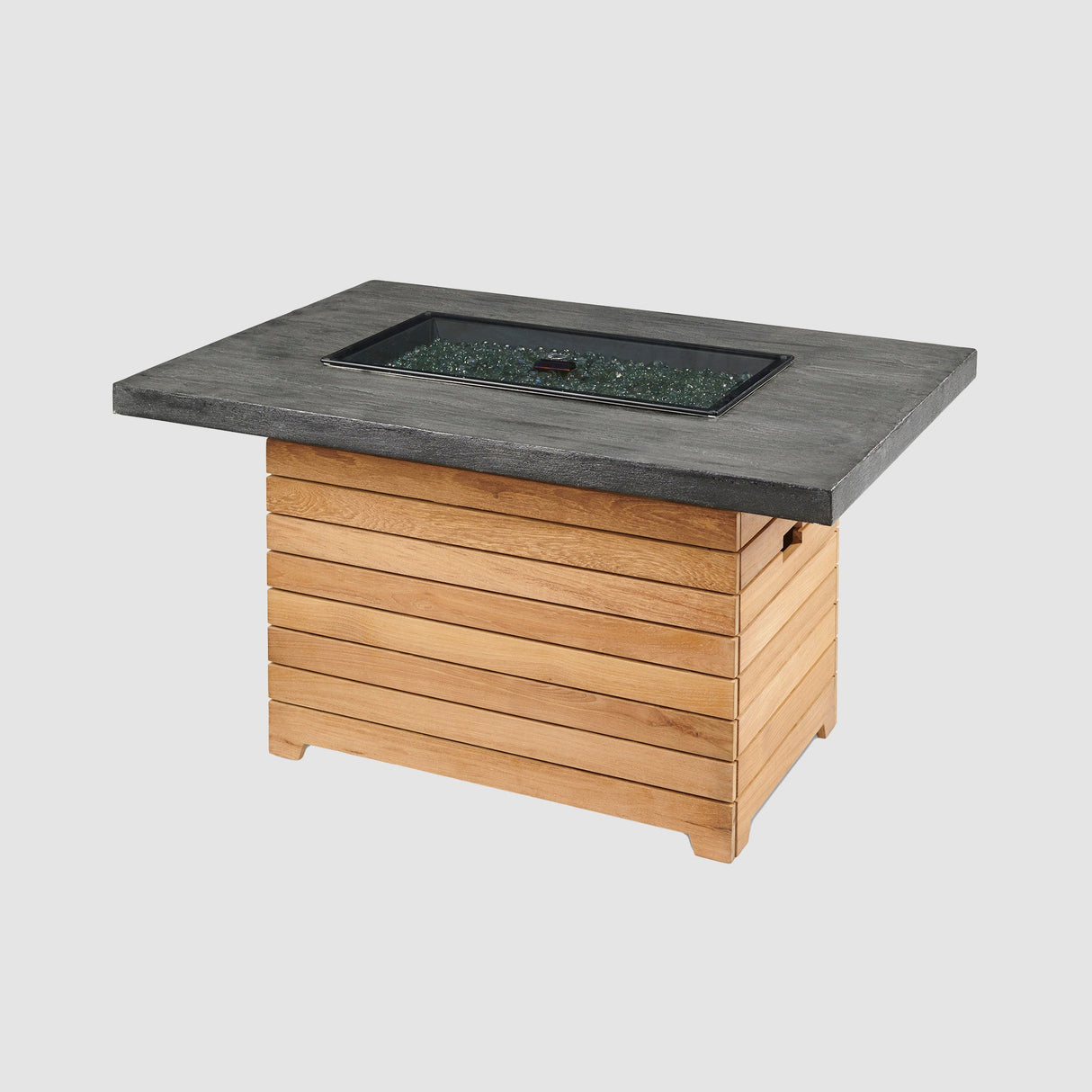 A cover placed on the burner of the Darien Rectangular Gas Fire Pit Table with an Everblend top