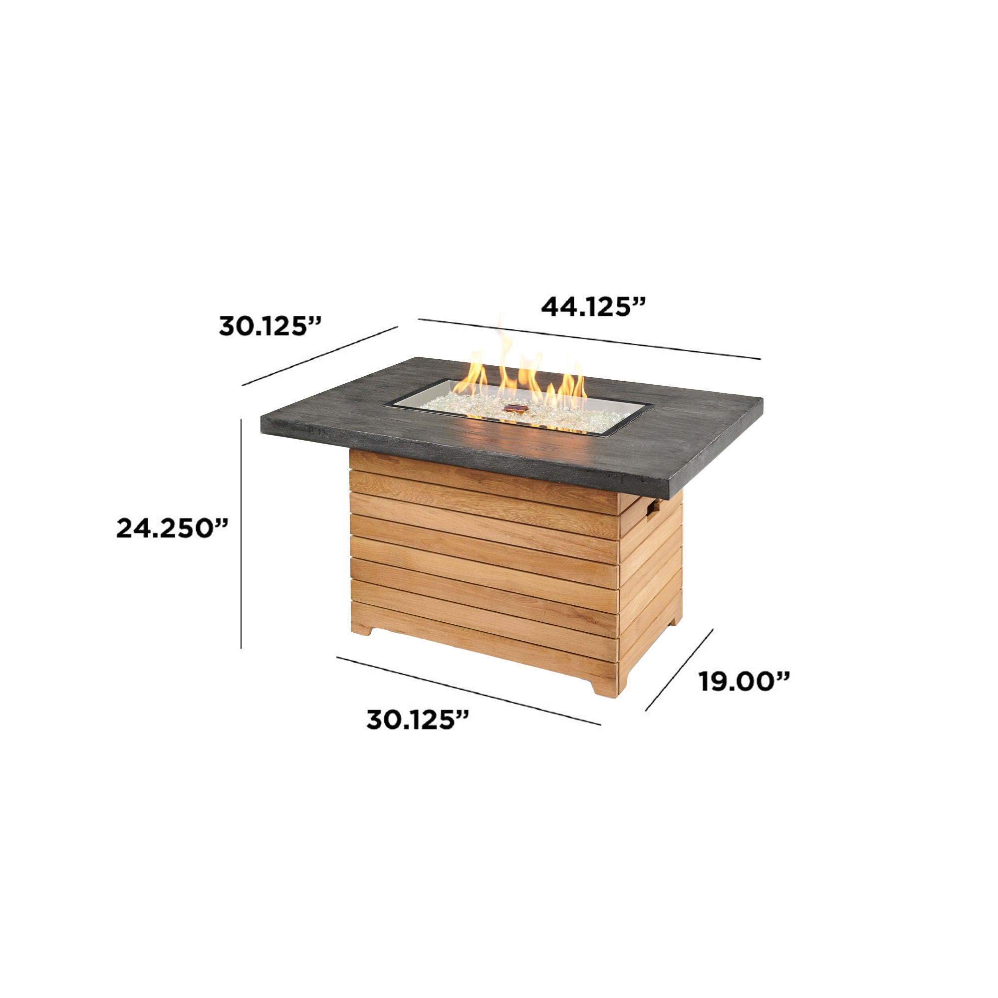 Dimensions overlaid on a Darien Rectangular Gas Fire Pit Table with an Everblend top