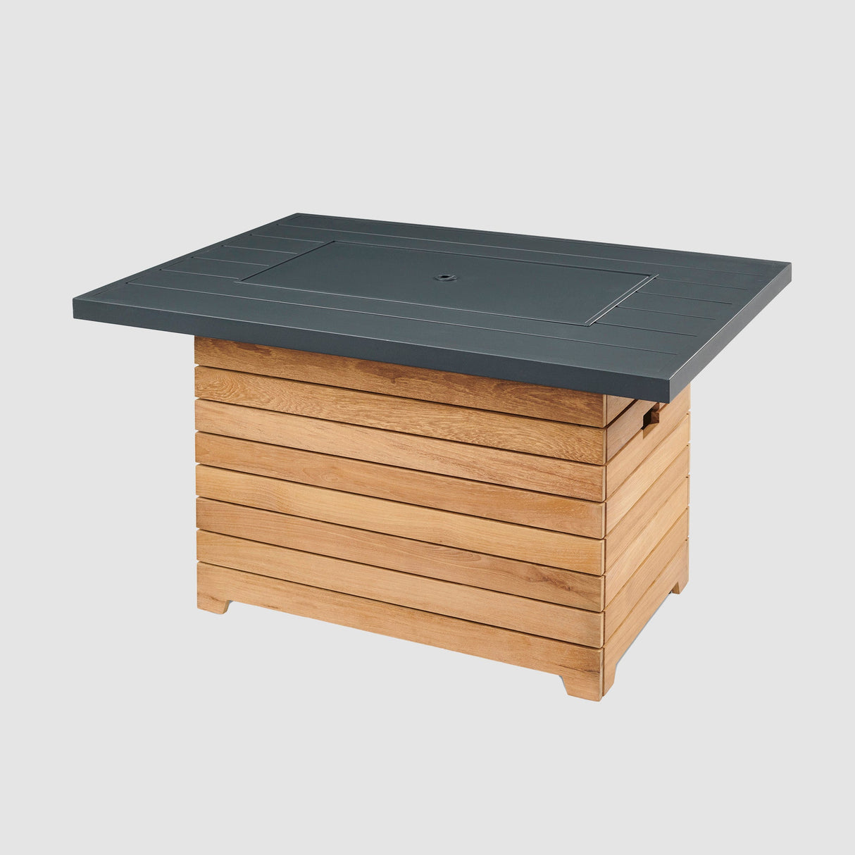 A cover placed on the burner of a Darien Rectangular Gas Fire Pit Table with an Aluminum top