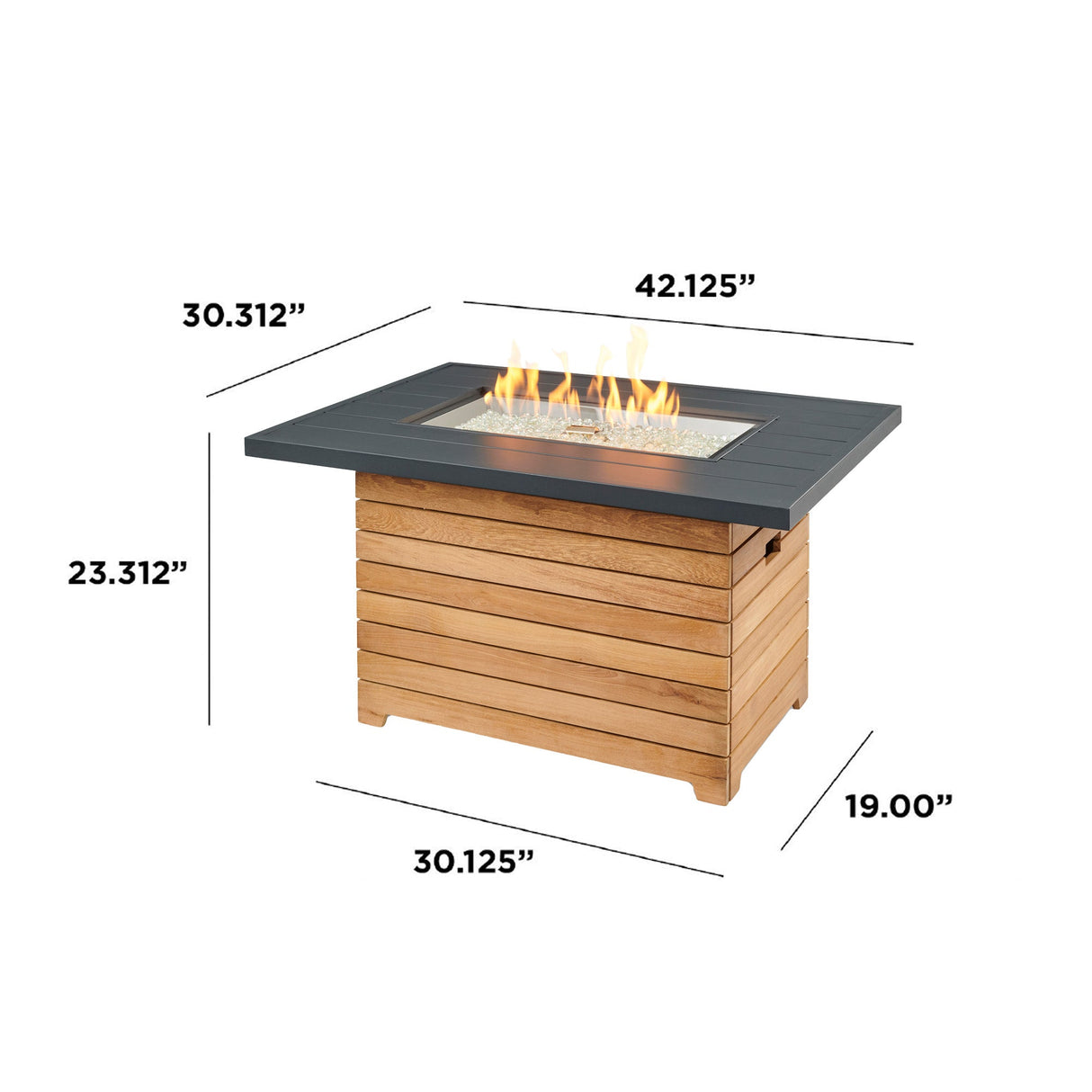 Dimensions overlaid on a Darien Rectangular Gas Fire Pit Table with an Aluminum top