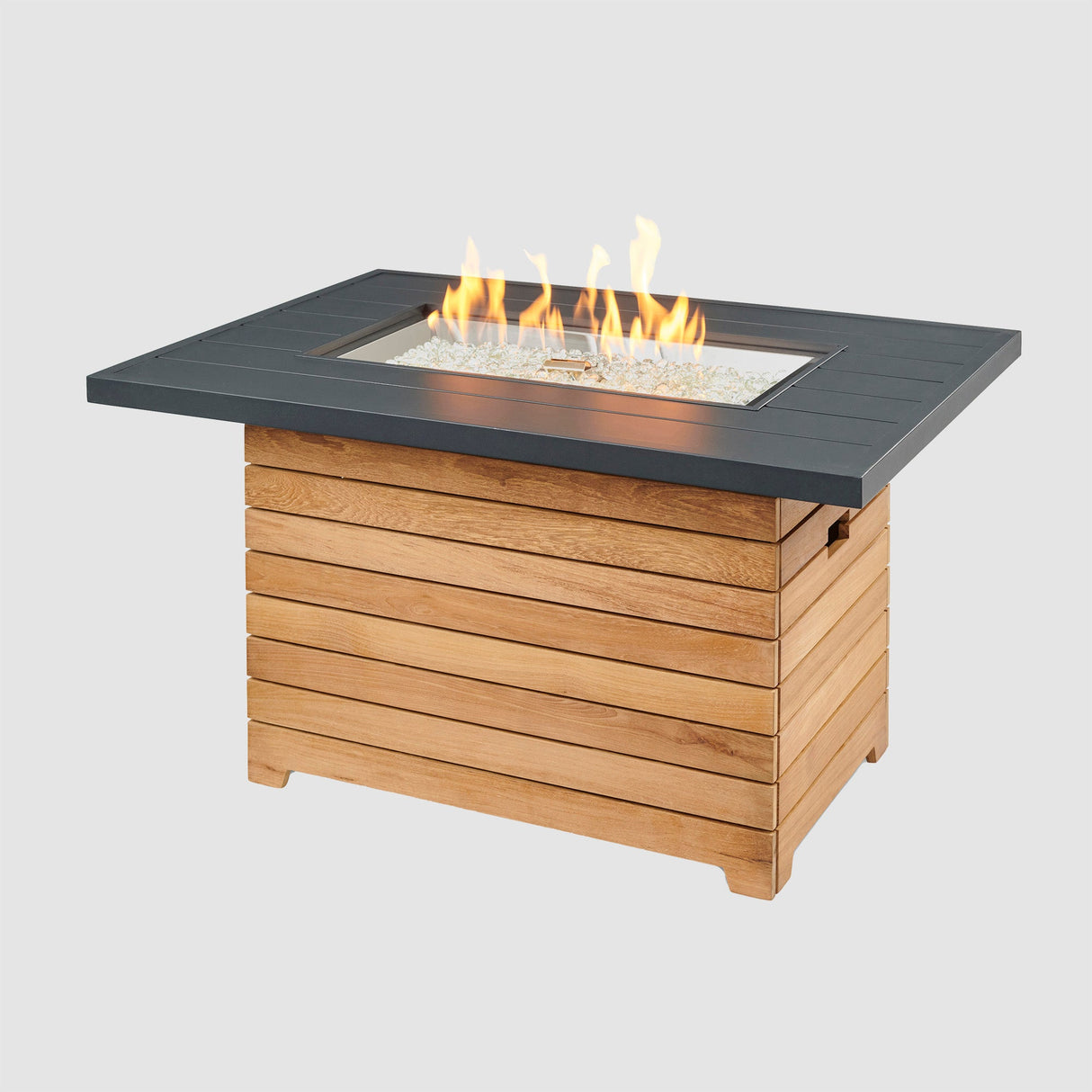 Darien Rectangular Gas Fire Pit Table with an Aluminum top on a grey background