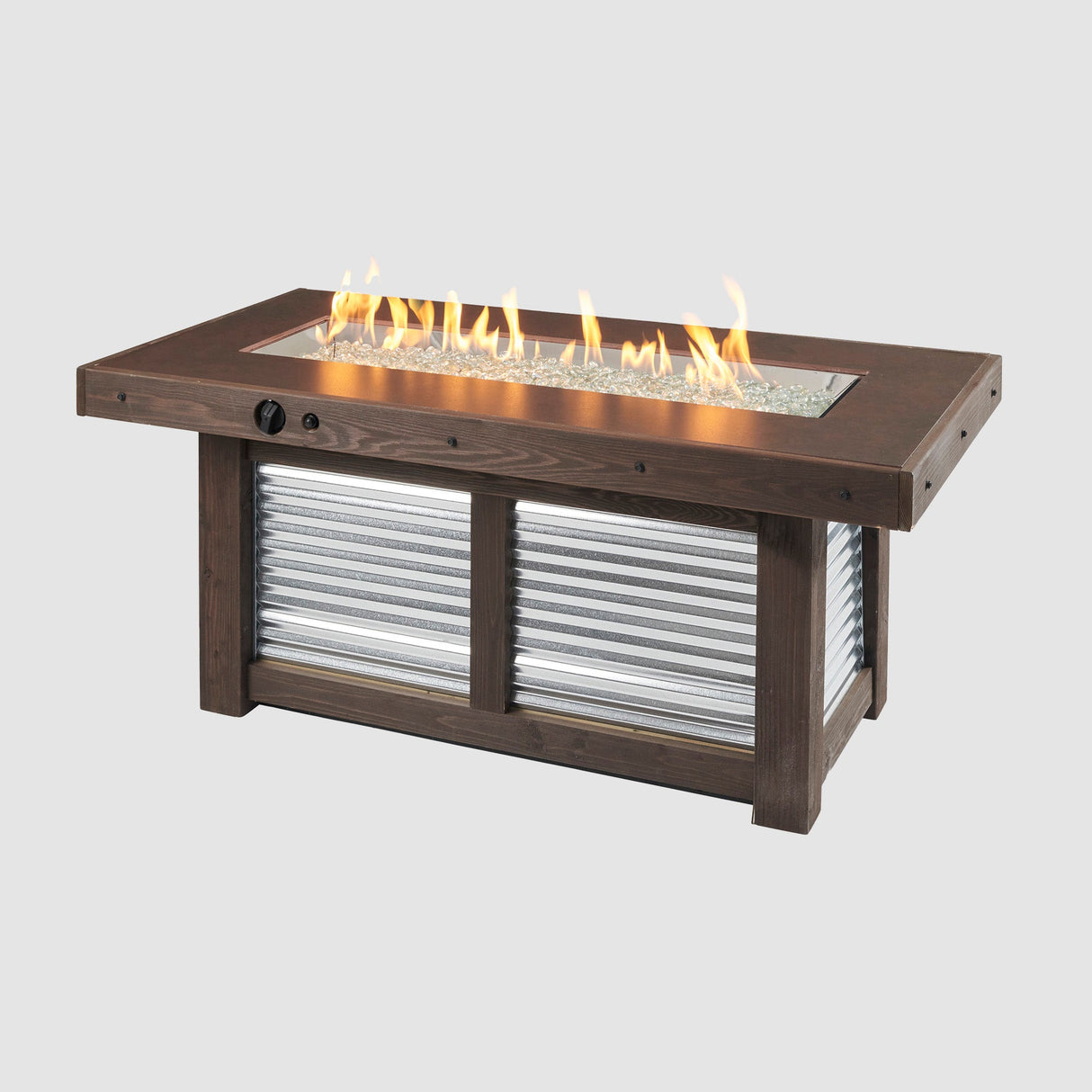 Denali Brew Linear Gas Fire Pit Table on a grey background