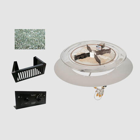 The Do-It-Yourself Crystal Fire Plus Round Gas Burner Kit and its components on a grey background