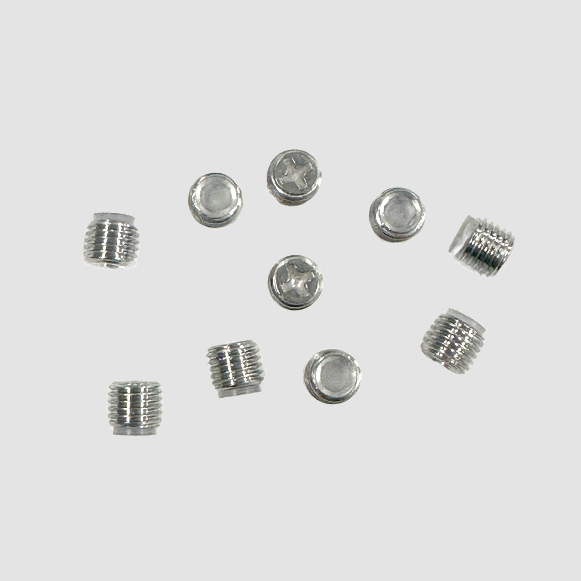 10 Screws for glass wind guards on a grey background