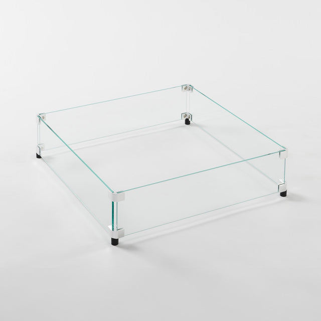 A 24" x 24" square glass wind guard on a grey background