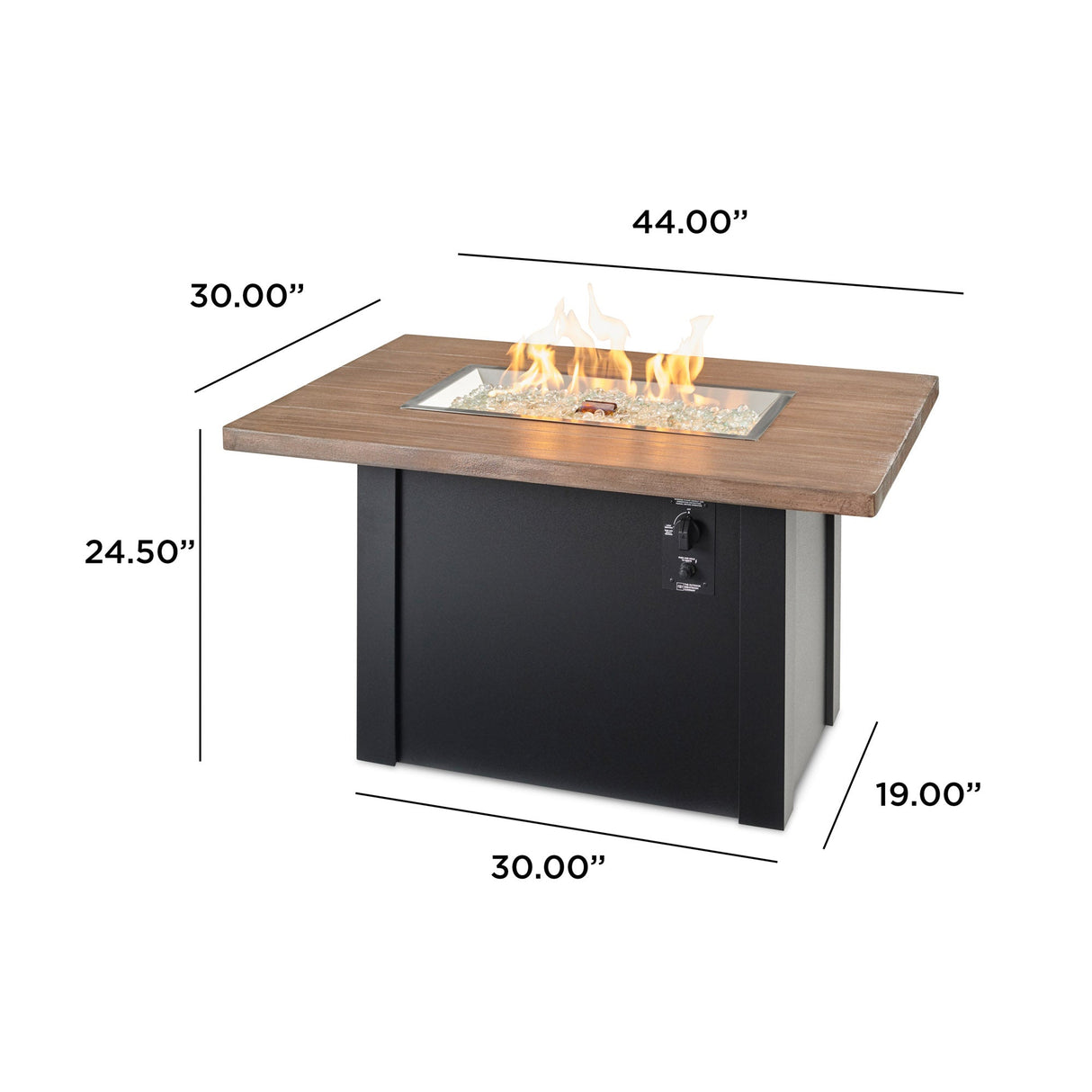 Dimensions overlaid on the Havenwood Rectangular Gas Fire Pit Table with a Driftwood base and Luverne Black base