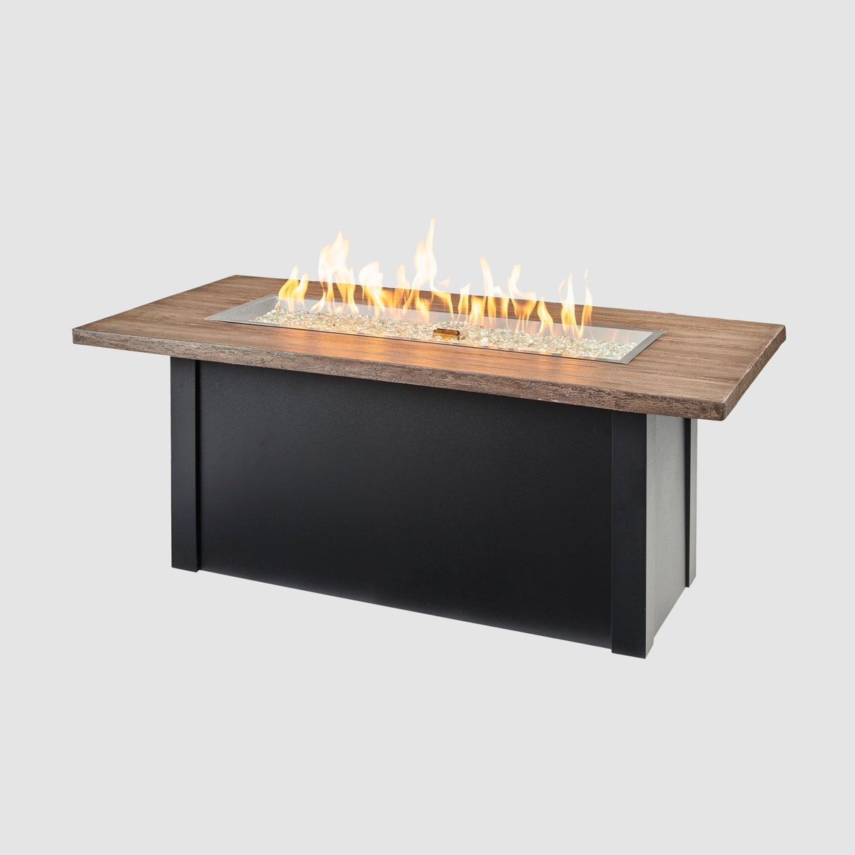 Havenwood Linear Gas Fire Pit Table with a Driftwood top and Luverne Black base on a grey background