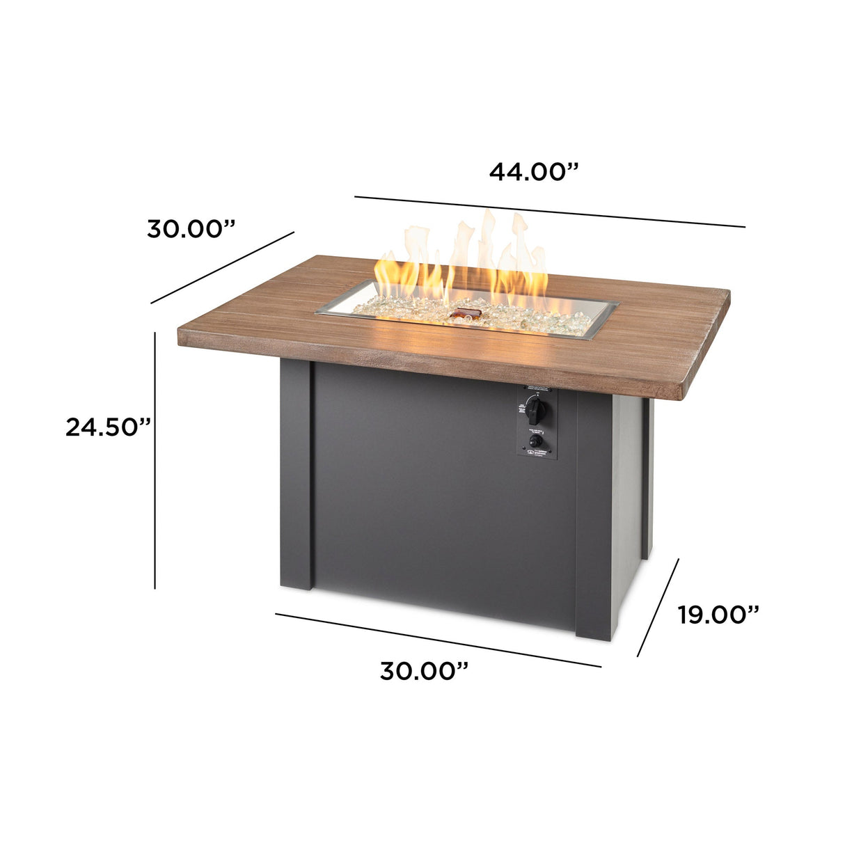 Dimensions overlaid on the Havenwood Rectangular Gas Fire Pit Table with a Driftwood top and Graphite Grey base