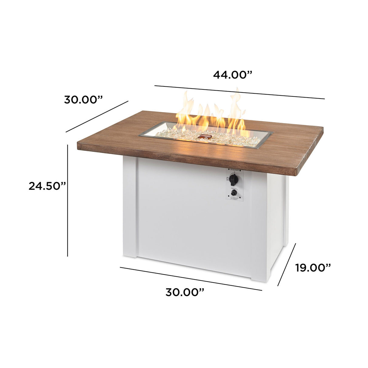Dimensions overlaid on the Havenwood Rectangular Gas Fire Pit Table with a Driftwood top and White base