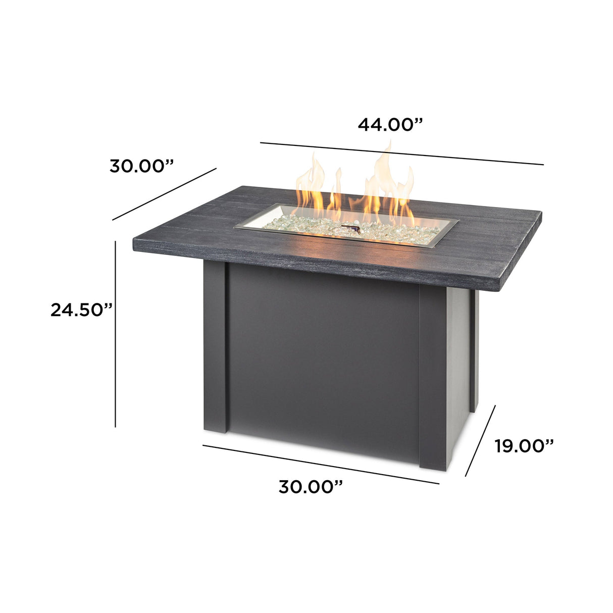 Dimensions overlaid on the Havenwood Rectangular Gas Fire Pit Table with a Carbon Grey top and Graphite Grey base