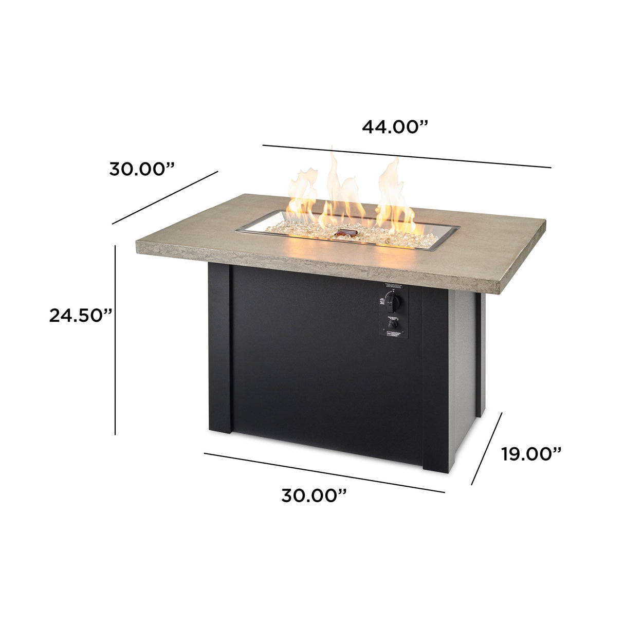 Dimensions overlaid on a Havenwood Rectangular Gas Fire Pit Table with a Pebble Grey top and Luverne Black base