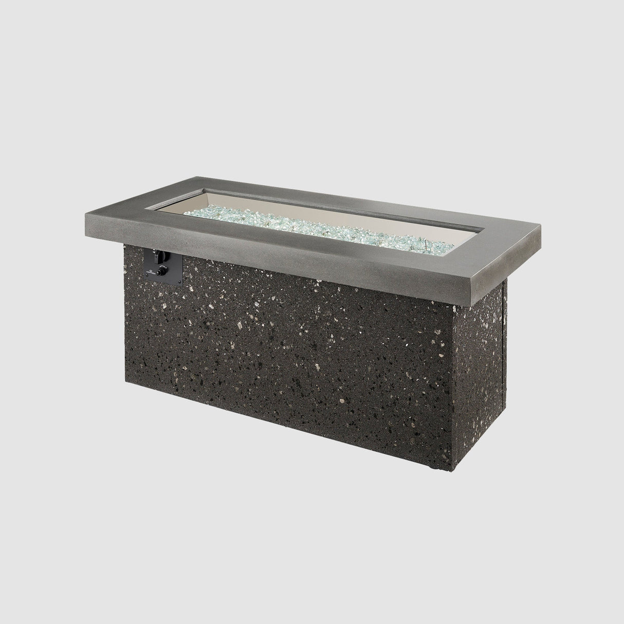 Midnight Mist Key Largo Linear Gas Fire Pit Table with fire media on the burner on a grey background