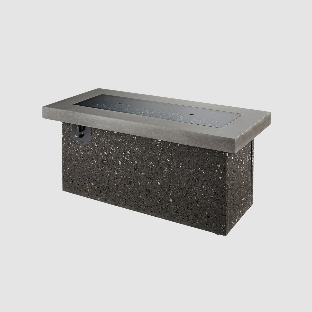 Midnight Mist Key Largo Linear Gas Fire Pit Table with its cover placed on top on a grey background
