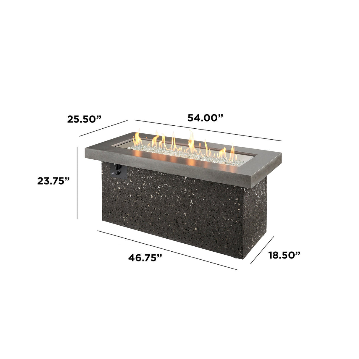 Dimensions overlaid on the Midnight Mist Key Largo Linear Gas Fire Pit Table