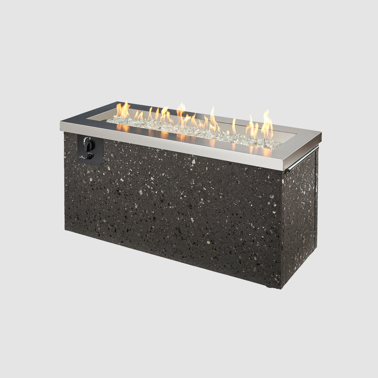 Stainless Steel Key Largo Linear Gas Fire Pit Table on a grey background
