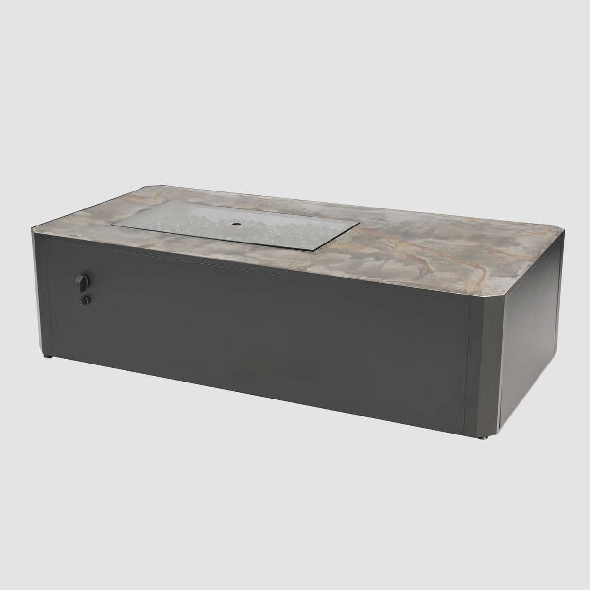 The Kinney Rectangular Gas Fire Pit Table with a glass cover on a grey background