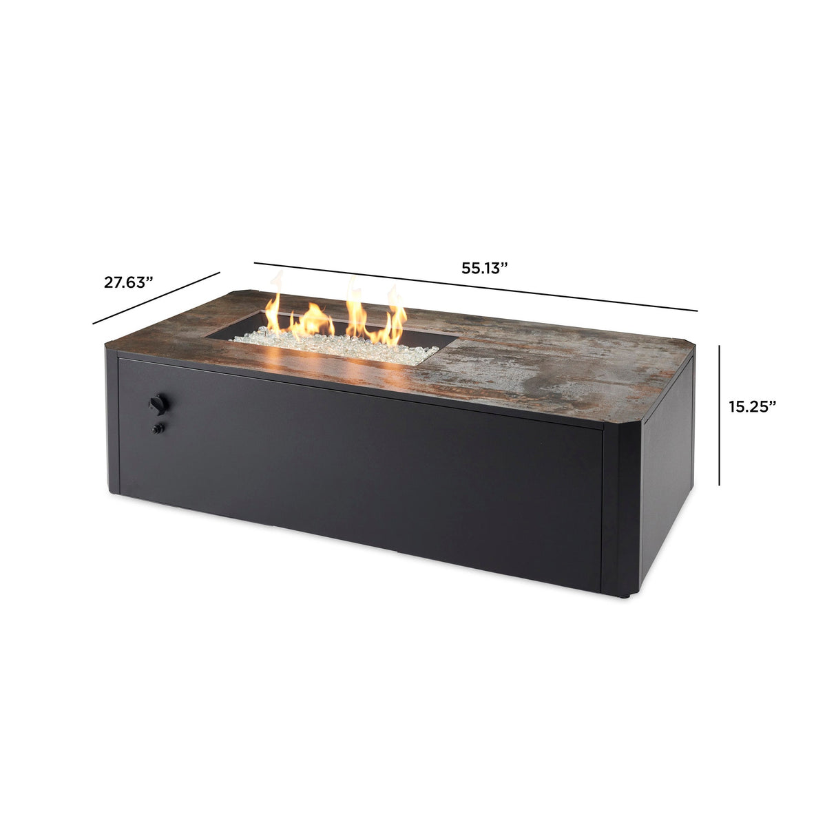 Dimensions overlaid on the Kinney Rectangular Gas Fire Pit Table