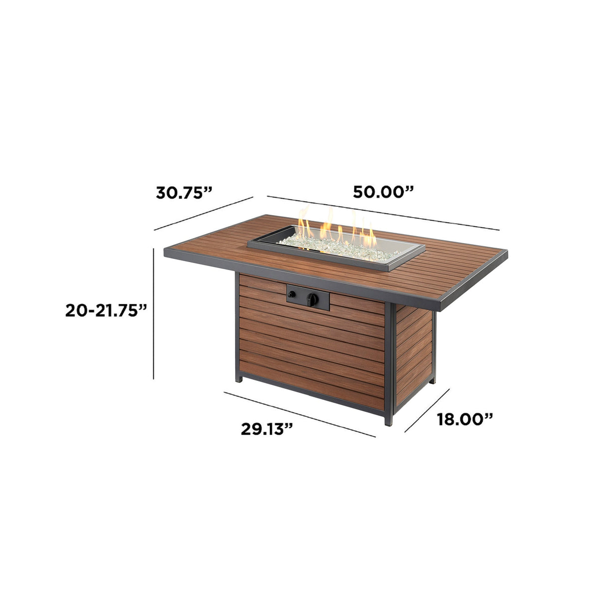 Dimensions overlaid on a Kenwood Rectangular Chat Height Gas Fire Pit Table
