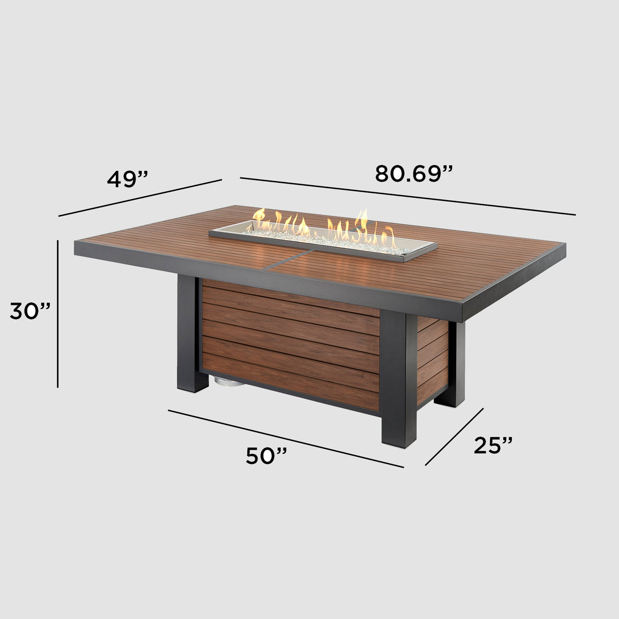A Kenwood Linear Dining Height Gas Fire Pit Table with flame and dimensions