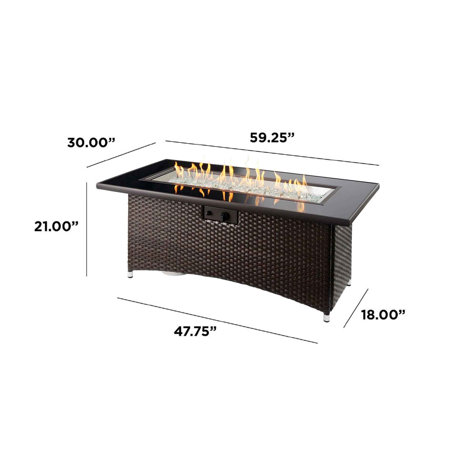 Dimensions overlaid on a Montego Linear Gas Fire Pit Table