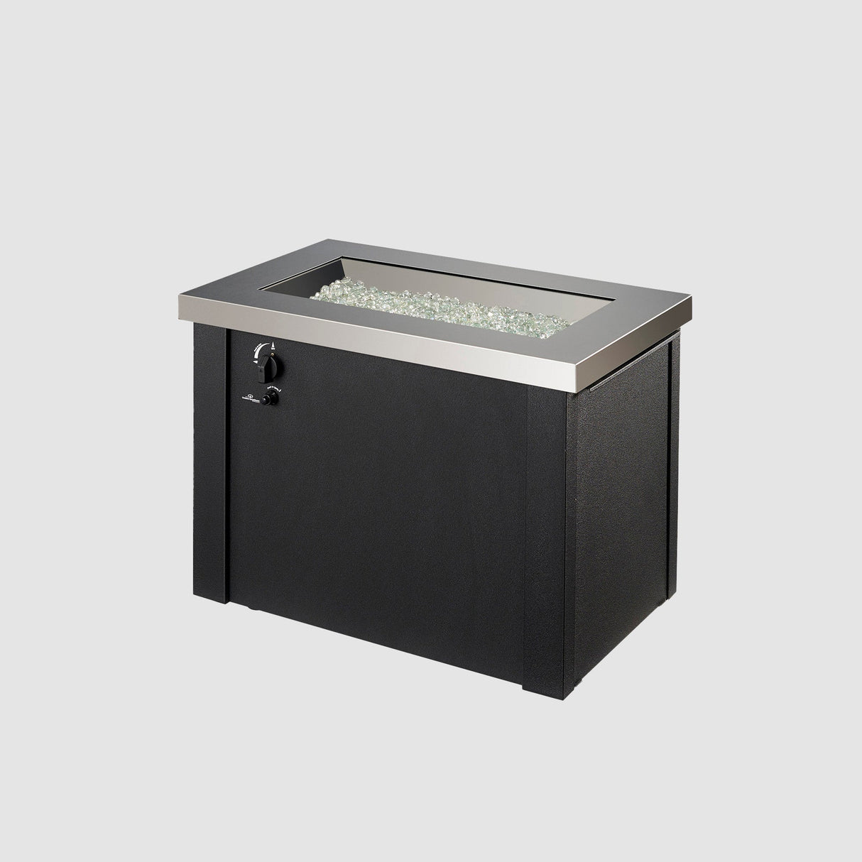 Providence Rectangular Gas Fire Pit Table with fire media in the burner on a grey background