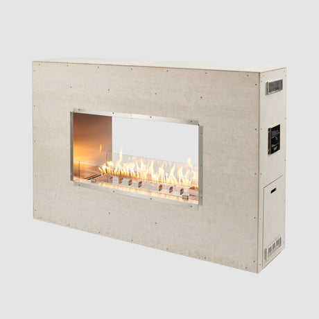 The 40" See Through Ready to Finish Gas Fireplace with large flames on a grey background