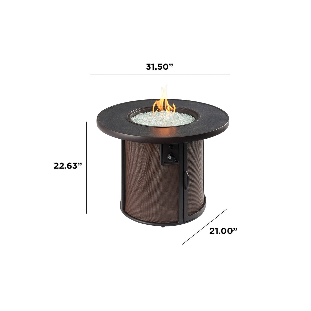 Dimensions overlaid on a Brown Stonefire Round Gas Fire Pit Table