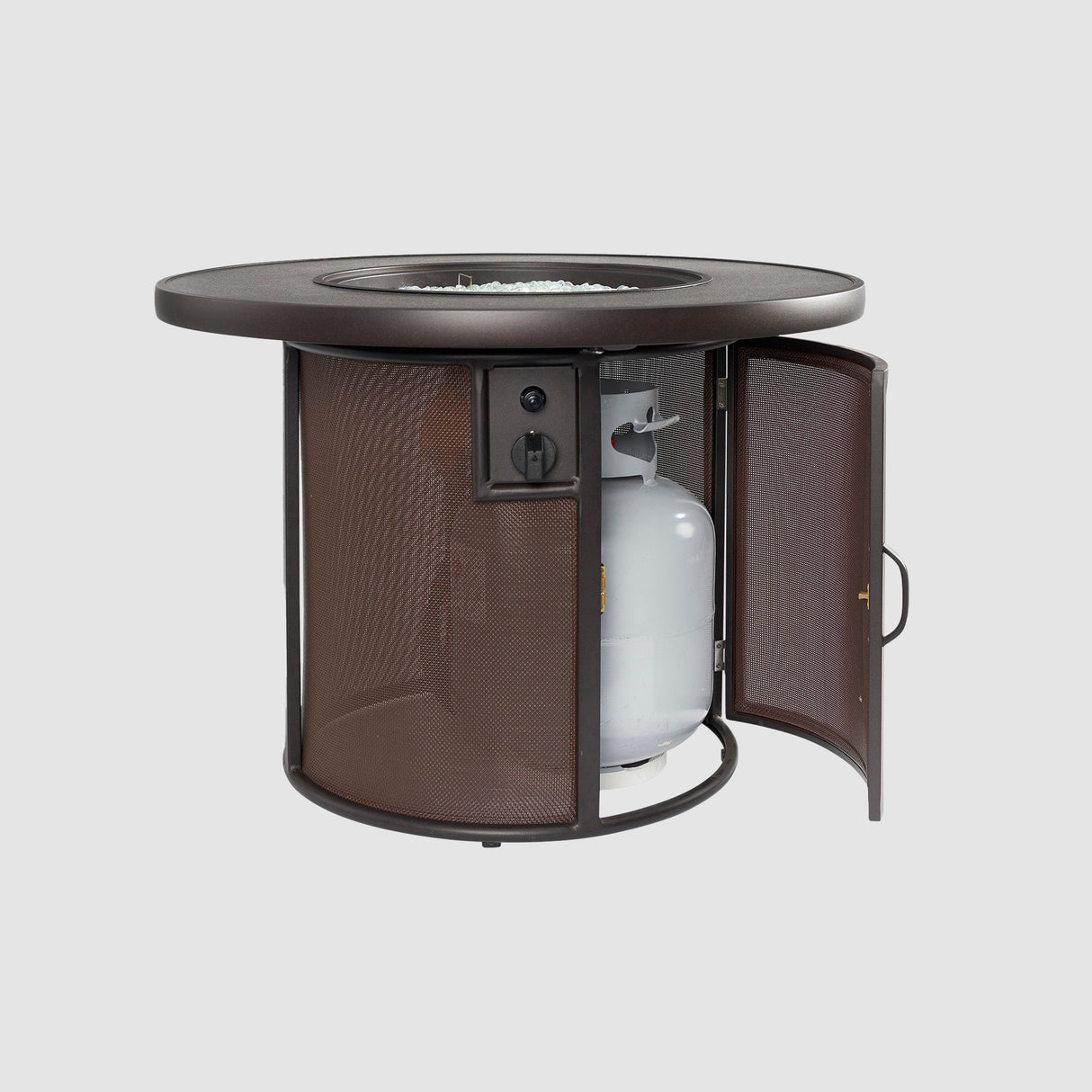 The side access door open on a Brown Stonefire Round Gas Fire Pit Table