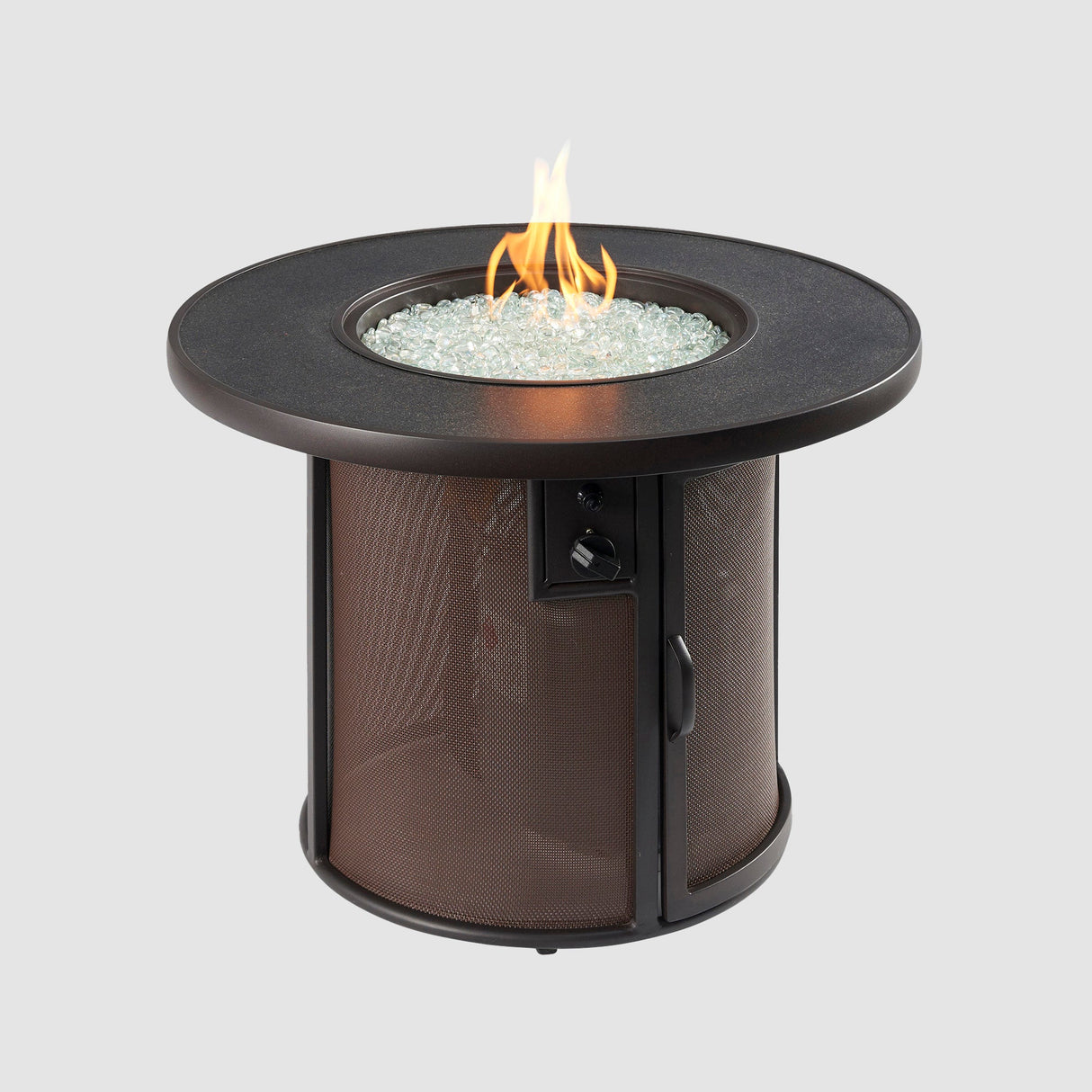 Brown Stonefire Round Gas Fire Pit Table on a grey background
