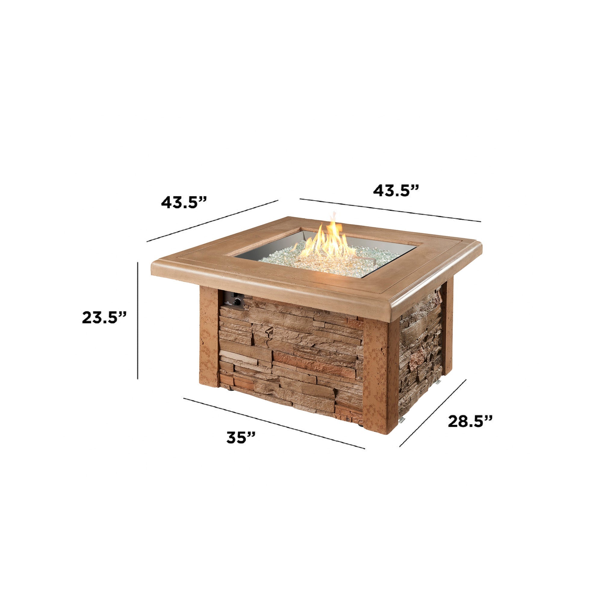 Dimensions overlaid on the Sierra Square Gas Fire Pit Table