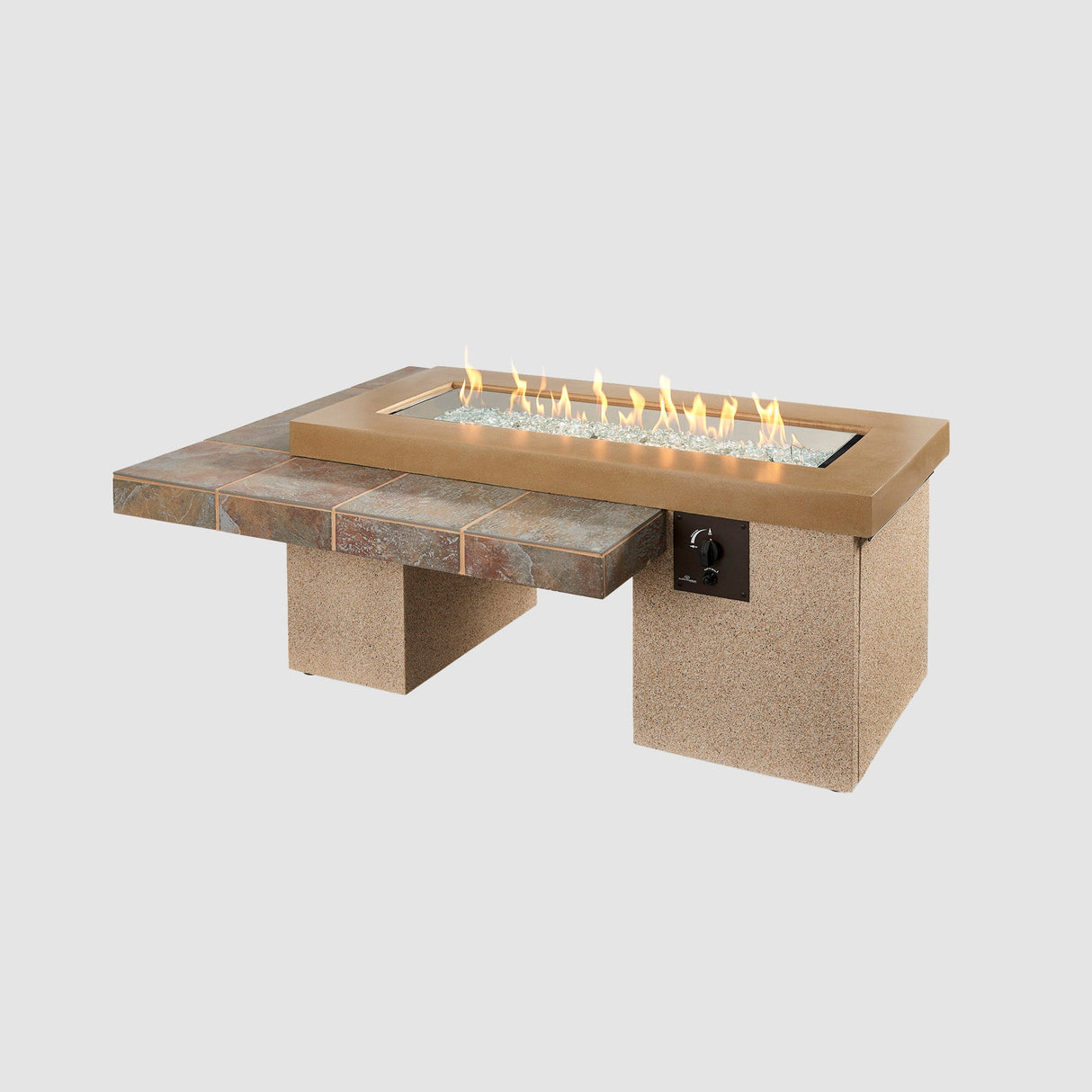 Brown Uptown Linear Gas Fire Pit Table on a grey background