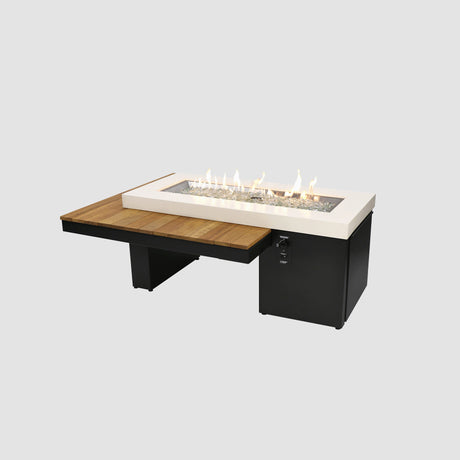 Uptown Iroko Linear Gas Fire Pit Table on a grey background